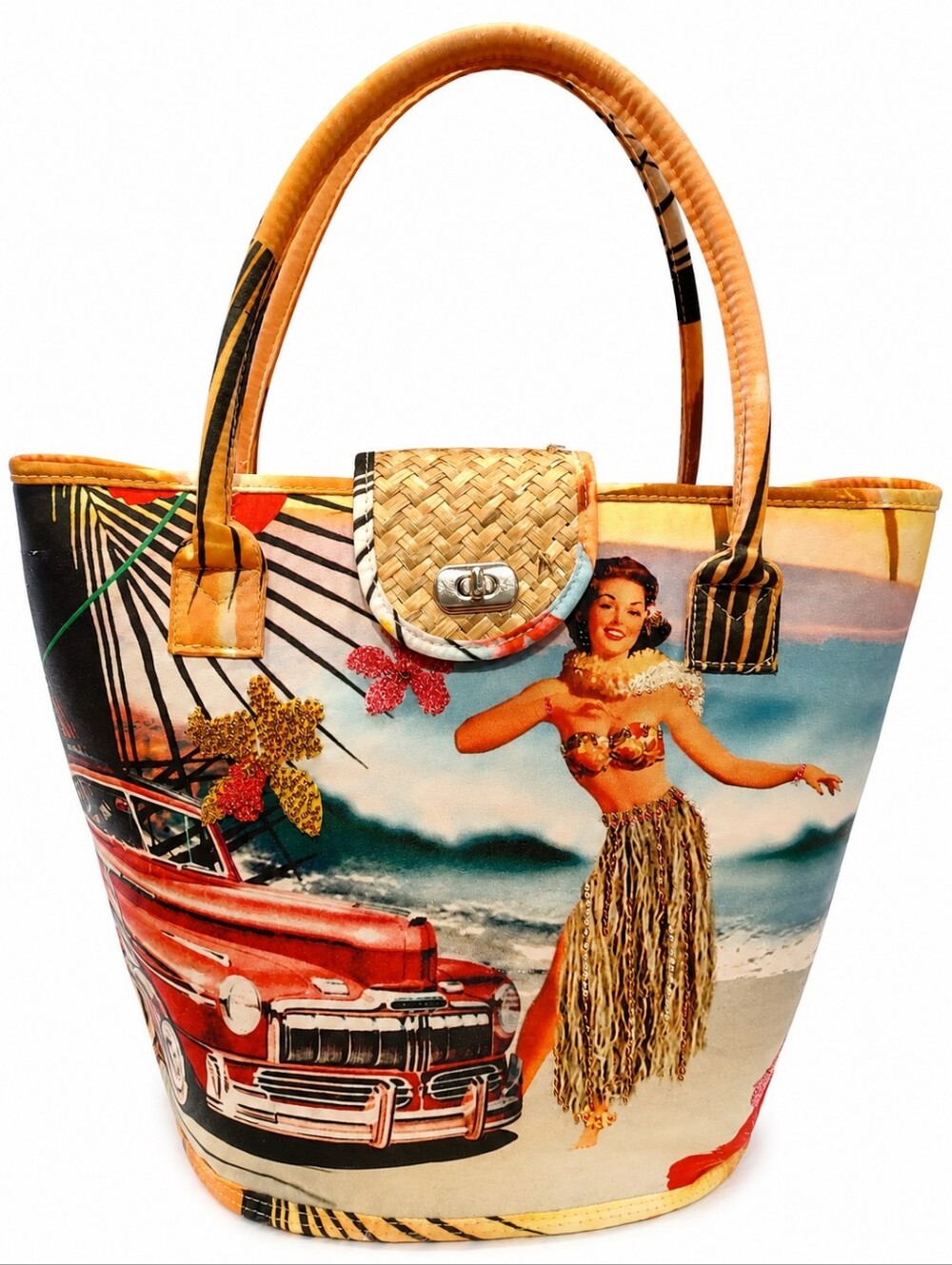 Retro Pin-Up Rockabilly Beaded Tropical 50's Inspired Hula Girl Straw Beach Bag
